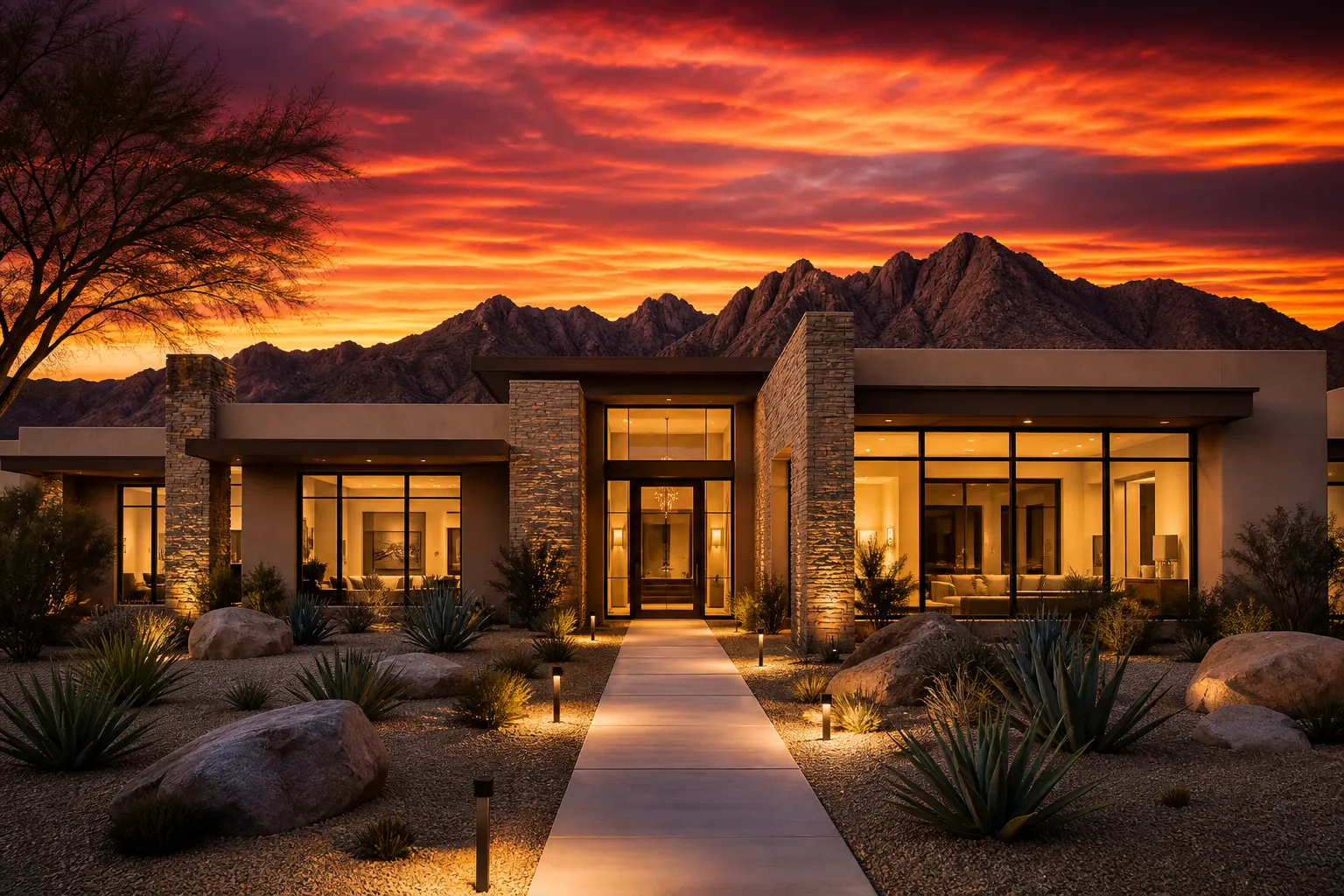 Vision of a spec home at twilight beside desert lots. Not a house standing there today.